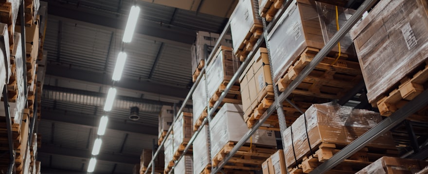 Stock and equipment racked in a warehouse